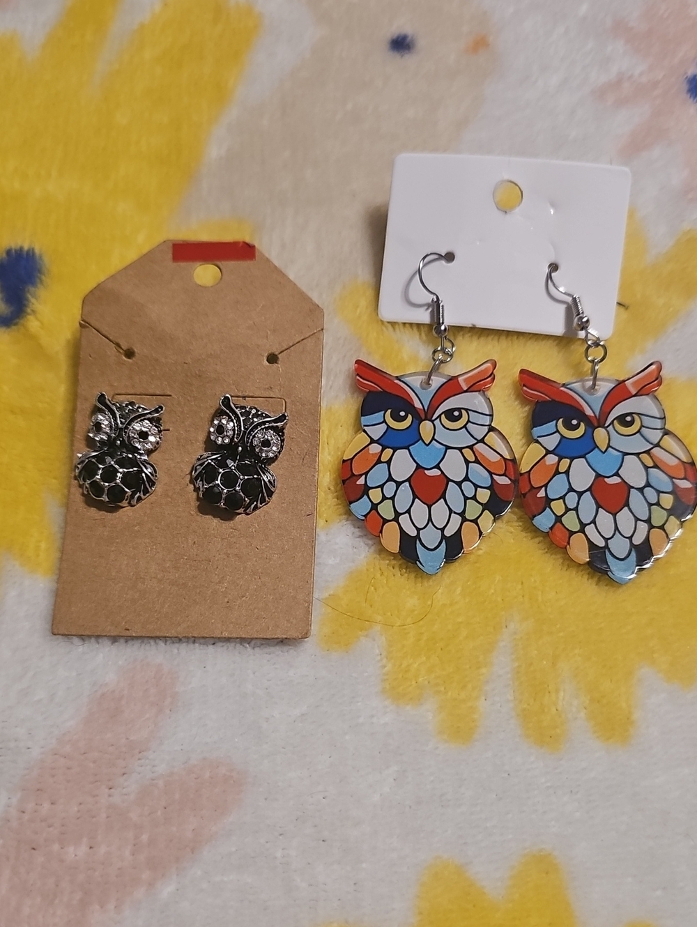 Multicolor Owl Dangle Earrings with Hook Backing